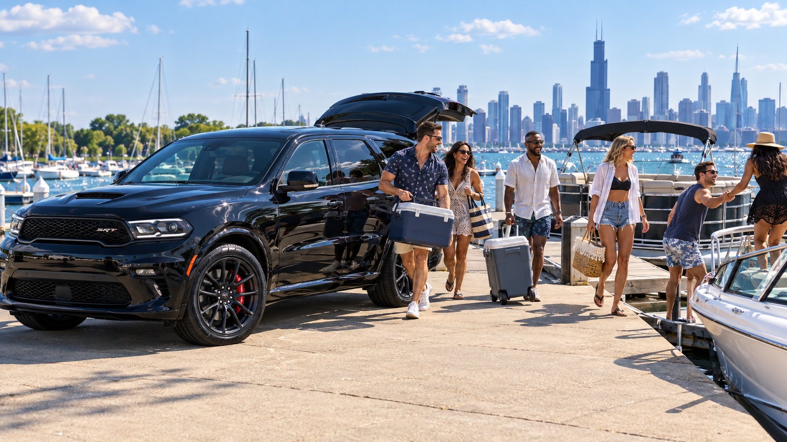 Friends unload a black Dodge Durango SRT at a Chicago marina for a summer boat party