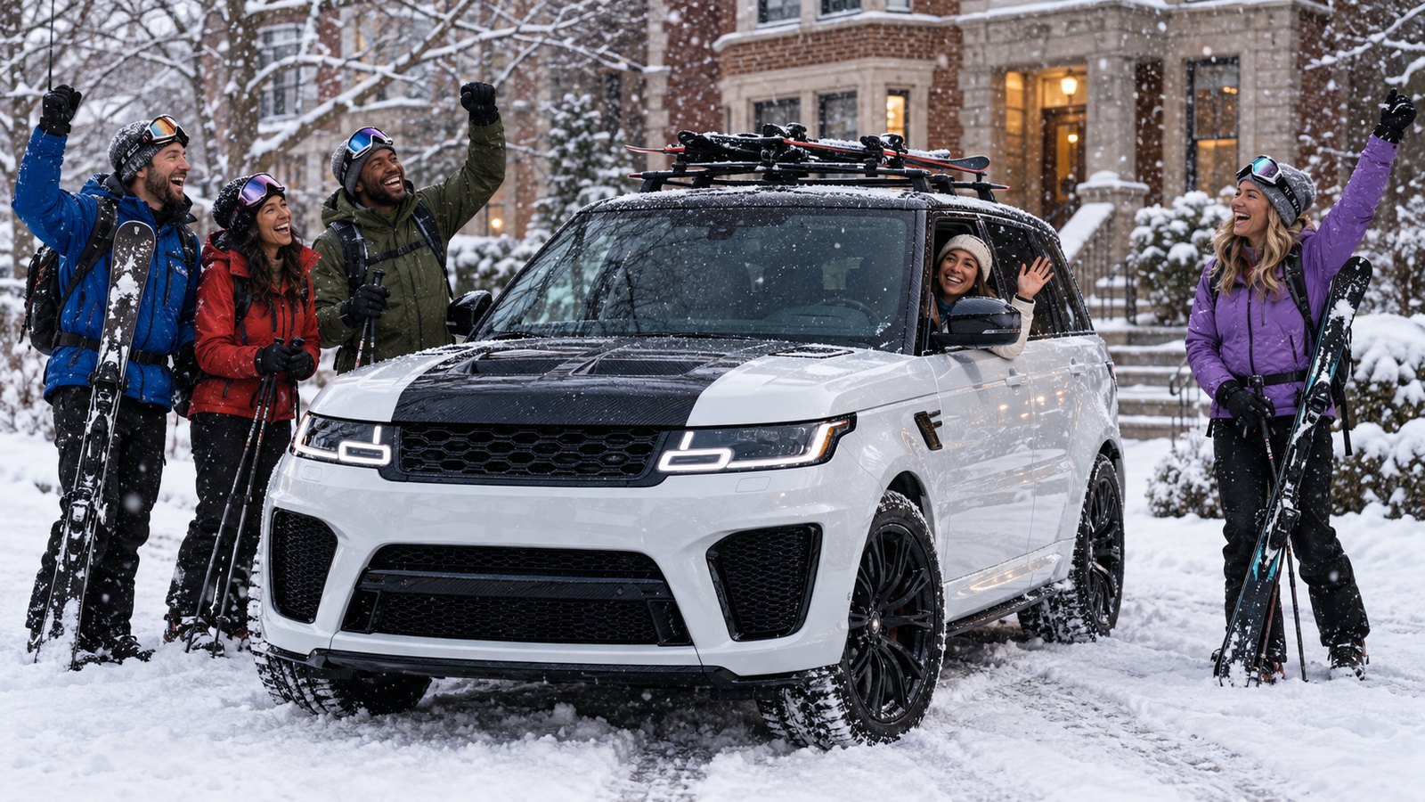 Friends with skis cheer beside a white Range Rover SVR on a snowy Chicago street