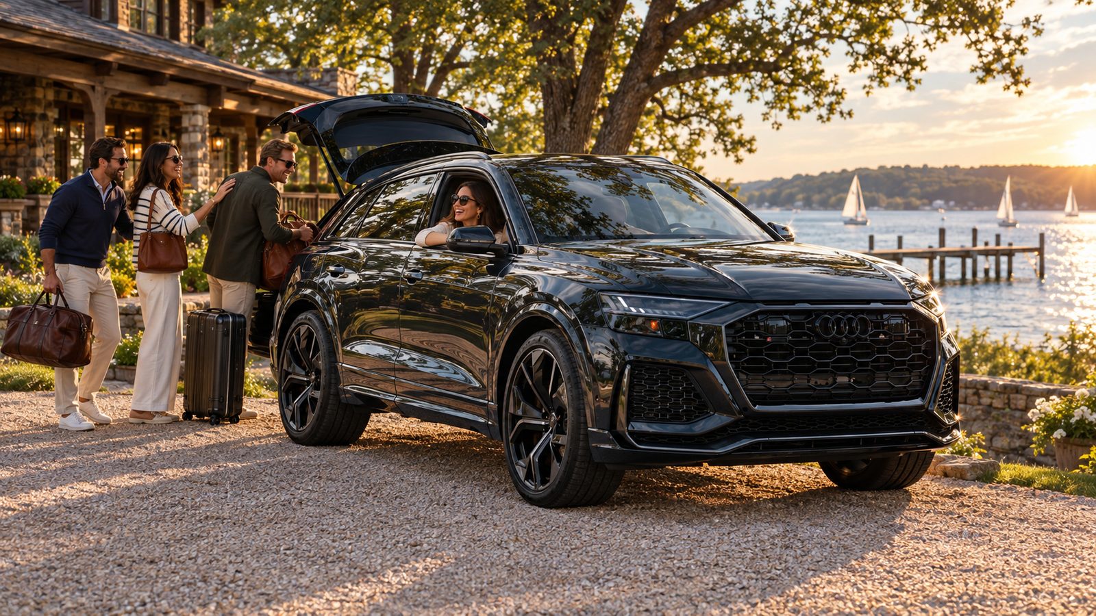 Friends unload a black Audi RS Q8 at a lakeside lodge for a weekend getaway at golden hour