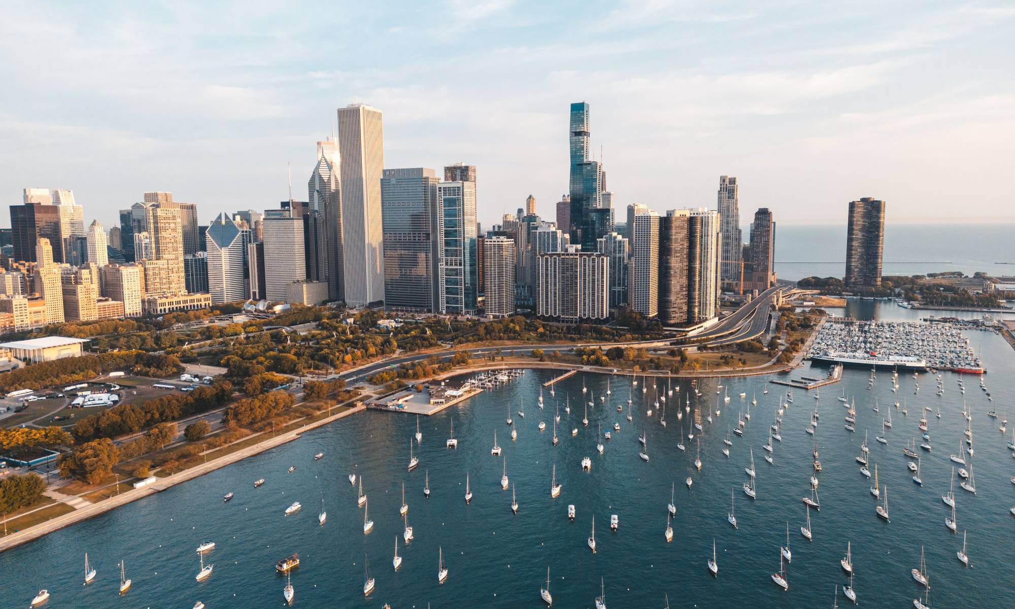 Monroe Harbor and the Chicago skyline from above